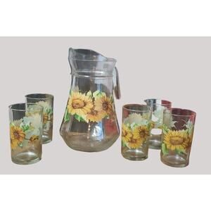 Vintage Briliant Glass Co. Sunflower 8" Juice Pitcher 5 4" Juice Glasses